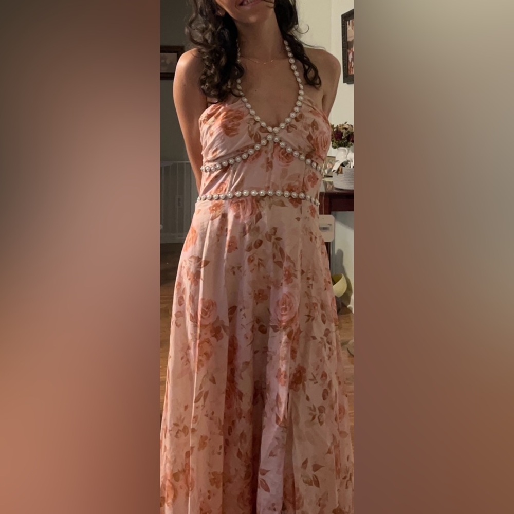 Altar'd State Anastasia Floral Pink Halter Maxi Prom Dress - Picture 3 of 6